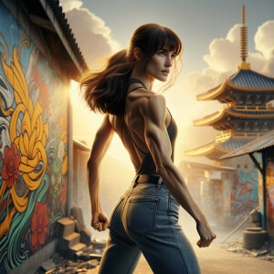 Athletic Thin skinny Attractive, Asian teenage girl, long brown hair and bangs, wearing tight skinny jeans and a halter top paint marks on her clothing, heroic pose Asian graffiti background, backside view