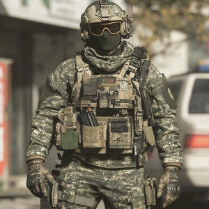 A character in a military setting, wearing a full camouflage com...