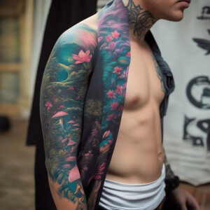 Design a full-sleeve tattoo for the left arm, inspired by "Alice...