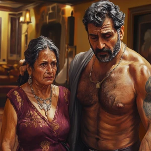 realism art style .A sweaty man entering  with his 54 year old k...