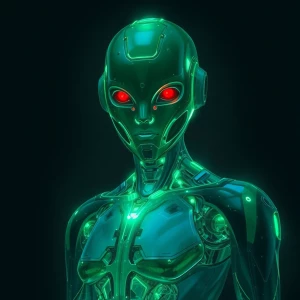 A luminous android, pulsating with eerie green light against a b...