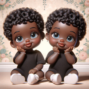 Imagine a pair of adorable, 3D animated african-American, infant twins with radiant blue eyes and curly black hair, posed with their chubby cheeks resting in their hands. They're dressed in simple yet stylish black onesies. Delicate jewelry adorns their wrists. They're seated comfortably with white sneakers on their feet. The background is a soft pastel floral pattern, creating an atmosphere of innocence and charm, without any text present in the image.