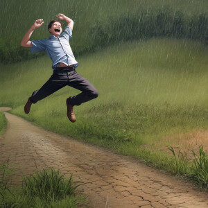 Boy, jumping up, joy, accomplishment, grass, green, dirt road, r...