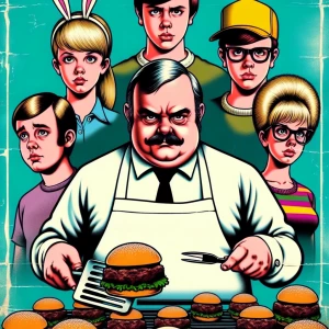 Bobs burgers characters in the style of a movie poster from 1960...