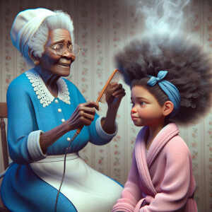 Create a realistic 3-D image of an african-American grandmother wearing a blue house dress and a white apron . She is in the kitchen with her african-American granddaughter. Her granddaughter is wearing a pink bath robe. The grandmother has a hot comb in her hand and she is straightening her granddaughters hair. One side of her granddaughters hair is in  a Afro the other straight 
There is smoke coming from the hot comb
The granddaughter is making a face