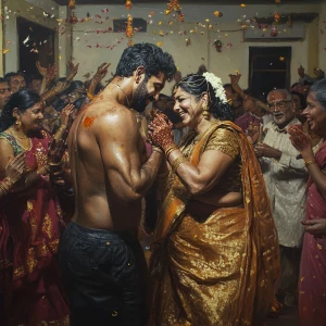 Hyperrealistic painting,A muscular, sweaty man joyously celebrat...