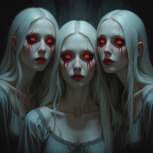 Three ghostly women, red eyes, red tears, pale skin, dark backgr...