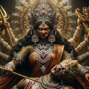 portrait of angry looking goddess durga, sitting on a gold crown and carrying a weak mahishasur on her lap. She is wearing diamond armor, a huge diamond crown, red saree, abundant diamond jewelry, covered in blood. The scene is set in ancient India. The image is 8K resolution, cinematic, ultra detailed face and epic.