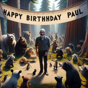 Generate a photorealistic image of a birthday party in a dense f...