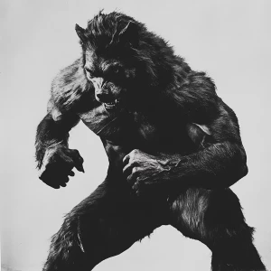 A muscular lycanthrope (werewolf) in a dynamic pose, prominently...