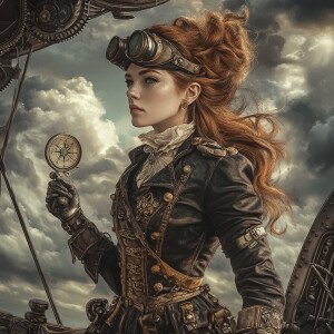 Steampunk airship pirate captain portrait, woman with tousled au...