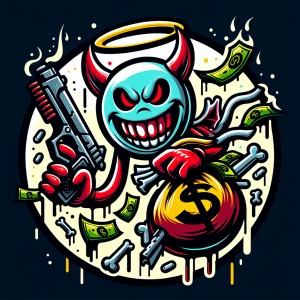 Design a cartoon-style circular logo featuring a cheeky demon we...