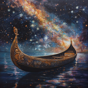 A radiant celestial gondola glides peacefully through a cosmic s...