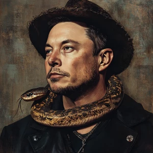 Elon Musk,Wearing a snake around his neck. The snake wears a hat...