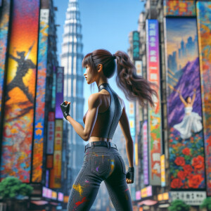 Athletic Thin skinny Attractive, Asian teenage girl, long brown hair and bangs, wearing tight skinny jeans and a halter top paint marks on her clothing, heroic pose Asian graffiti background, backside view