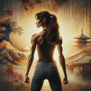 Athletic Thin skinny Attractive, Asian teenage girl, long brown hair and bangs, wearing tight skinny jeans and a halter top paint marks on her clothing, heroic pose Asian graffiti background, backside view