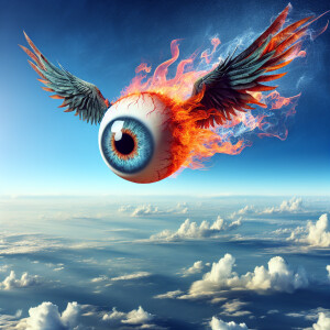 Simple eyeball with wings and flames flying towards ground
