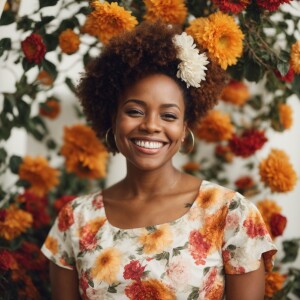 A cute woman

Smiling 

Clothes: Floral Dress

Looks Clean & Mod...