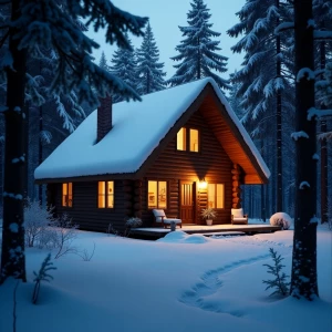 A cozy cabin nestled in snowy woods, warm light glowing from the...