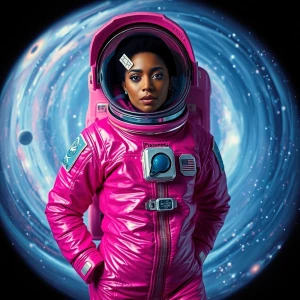 A dazzlingly futuristic astronaut, dressed in a sleek magenta sp...