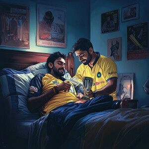 A humorous scene in a cozy room where MS Dhoni, dressed in a Che...