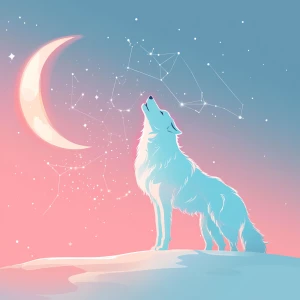 A cosmic wolf howling at a glowing crescent moon, with constella...