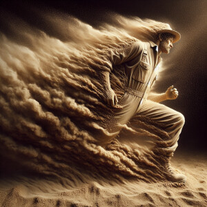 Create an image of a man made entirely of sand walking in a sand...