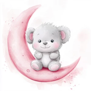 A cute, cartoon teddybear sits on a stylized, rosy-pink crescent moon. The teaddy bear is light gray with large, round, pink-spotted ears.  Its body is round and he has expressive eyes.  its facial expression is happy and friendly. The teddy bears legs and feet are visible, and its posture is relaxed, sitting. The moon is a soft, shaded pink, with watercolor-like texture and subtle shading. The background is white. The image is in a child-friendly style, showcasing delicate line work and color palettes. The composition is centered on the elephant, which is positioned on the moon. The overall style is sweet, whimsical, and reminiscent of children's book illustrations.  The colors are pastel and soothing, creating a gentle atmosphere.