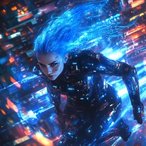 In the heart of a neon-lit cyber metropolis, a glamorous cybercr...