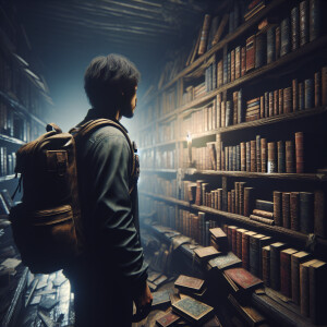 A man with a backpack is standing in an old gloomy room with boo...