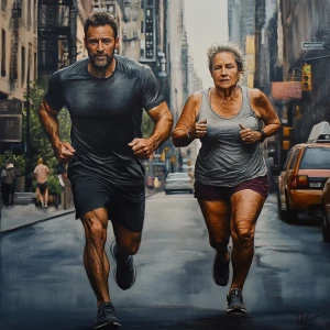 Hyperrealistic painting, a muscular, perspiring man jogging alon...
