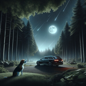 Black BMW f31 in the forest and a beagle in front, falling Stars...
