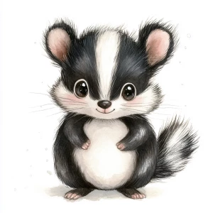 Simple style, watercolor illustration, skunk looking forward
,...