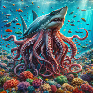 Visualize a Sharktopus, merging the sleek body of a shark with t...