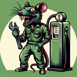 A bugged eye green rat fink in a mechanics jumpsuit, standing ne...