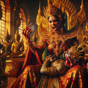 portrait of angry looking goddess durga sitting on a gold crown...