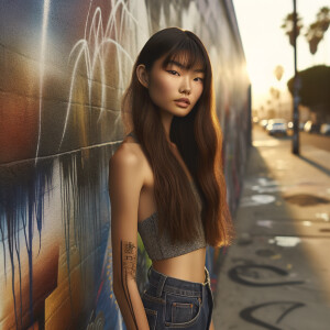 Athletic Thin skinny Attractive, Asian teenage girl, long brown hair and bangs, wearing tight skinny jeans and a halter top paint marks on her clothing, heroic pose Asian graffiti background, side view