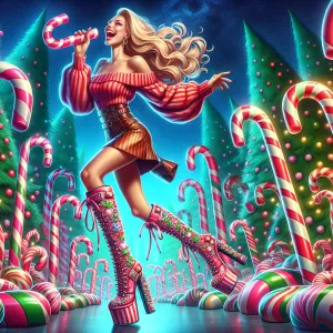 Beautiful blonde woman in Christmas candy cane wonderland! She’s...