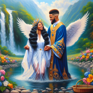 An oil painting depicting a light-skinned African-American pasto...