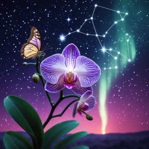 Stars,comet,constellations,orchid,Aurora,butterfly,pointillism,a...