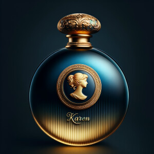 Create an image of a sleek, round perfume bottle, bathed in a gr...