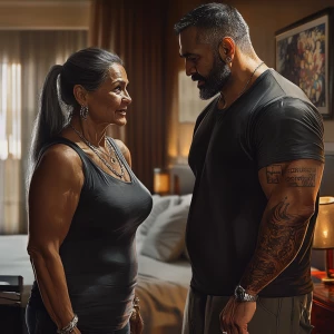 realism .A sweaty muscular man talking with his 54 year old pun...