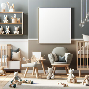 Design a serene nursery mockup room with a palette of soft, mode...