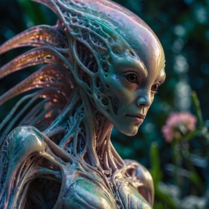 A shimmering solarpunk alien, vibrant with bioluminescence, its...