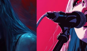 A woman with long blue hair and red eyes singing, super detailed...