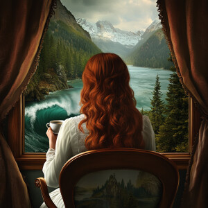 Create a realistic 4d image of a dark redheaded brunette sitting...