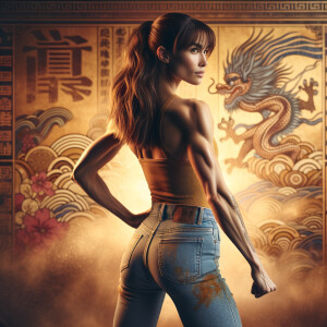 Athletic Thin skinny Attractive, Asian teenage girl, long brown hair and bangs, wearing tight skinny jeans and a halter top paint marks on her clothing, heroic pose Asian graffiti background, backside view