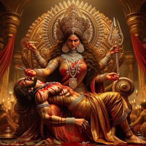portrait of angry looking goddess durga, sitting on a gold crown...