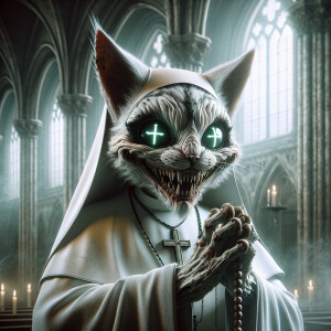 stylized, macabre demonic anthropomorphic cat with human-like fe...