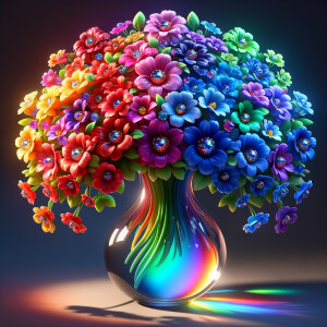 A vibrant and whimsical bouquet of glossy, multicolored flowers, each petal radiating joy in a spectrum of red, pink, blue, purple, orange, and yellow hues, assembled in a reflective, curved glass vase. The stems and leaves are rendered in rich, lifelike greens, contrasting beautifully with the brightly hued petals. The vase, positioned on a dark surface, holds a magical arrangement where the lower half is filled with layers of sparkling, jewel-toned crystals, creating a rainbow gradient from green to blue to fiery orange. Each flower seems to have a character of its own, contributing to a cheerful and enchanting composition that exudes the essence of a dreamy, enchanted garden.